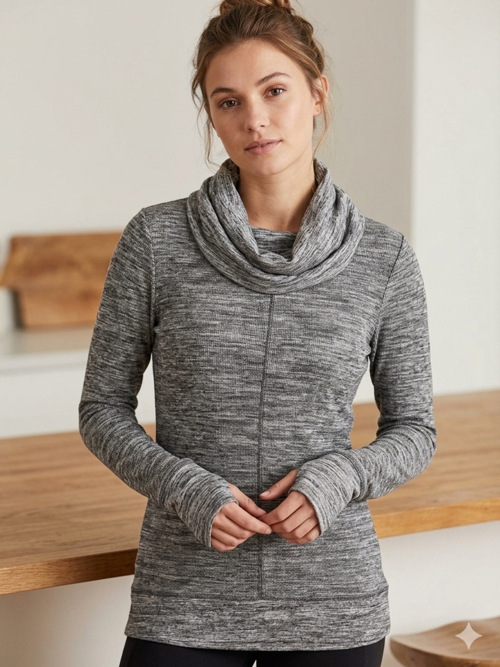 Women’s Eddie Bauer Gray Marled Waffle-Knit Cowl Neck Pullover